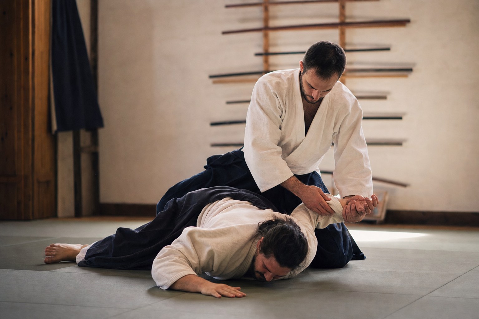 Ruhiges traditionelles Dojo mit Tatami-Matten und Holzschwertern an der Wand im warmen Licht