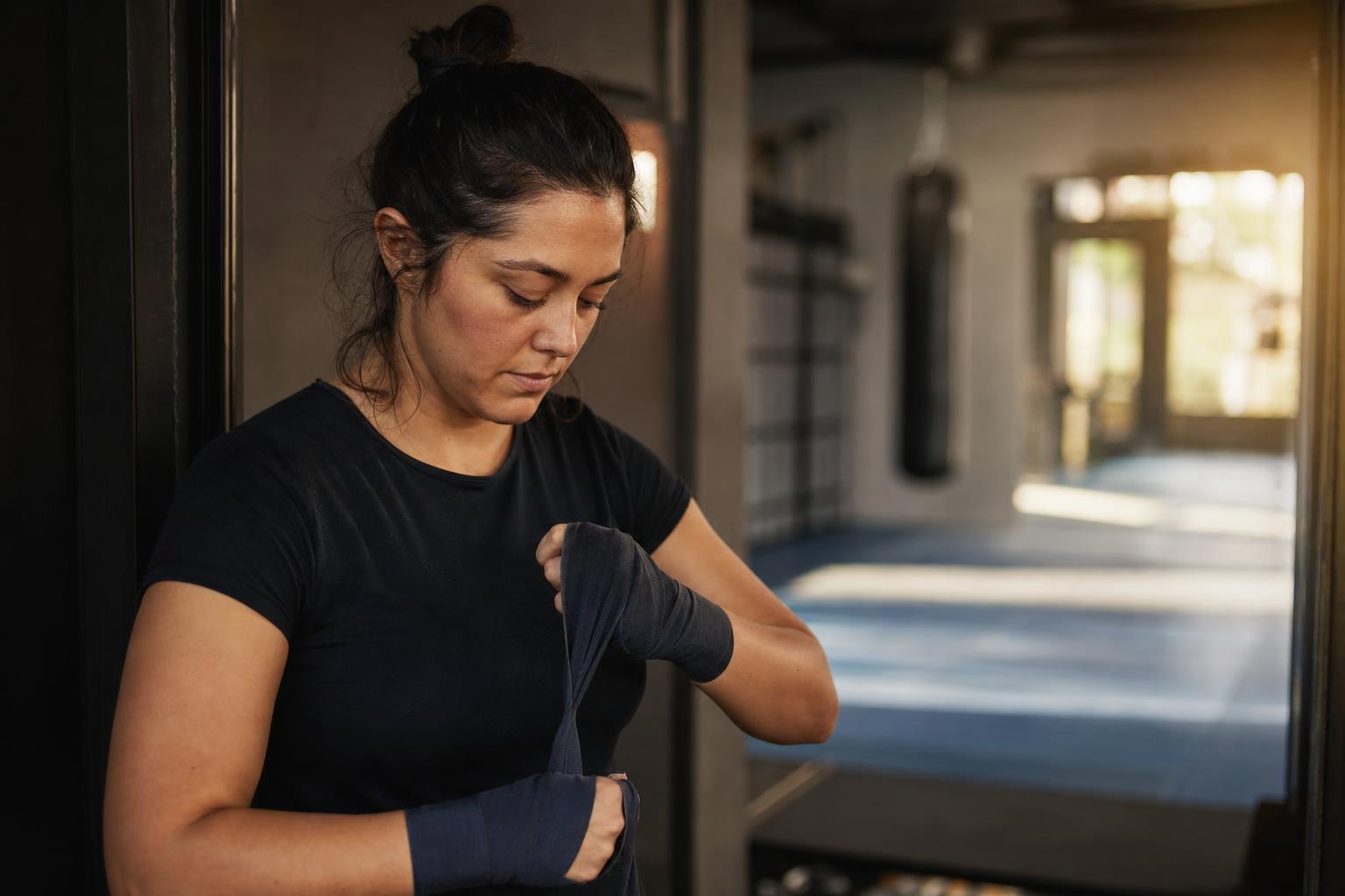 Eine Frau wickelt sich konzentriert die Hände – kurz vor ihrem ersten Training in einem Kampfsport-Gym